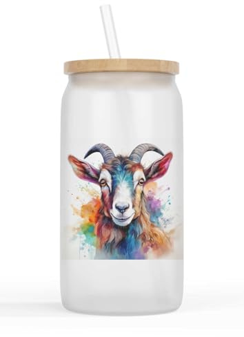 Merchandise for Fans Glasbecher mit Bambusdeckel und Strohhalm |Trinkglas |Saftglas | 550ml - Haustier Ziege Ziegenbock 162