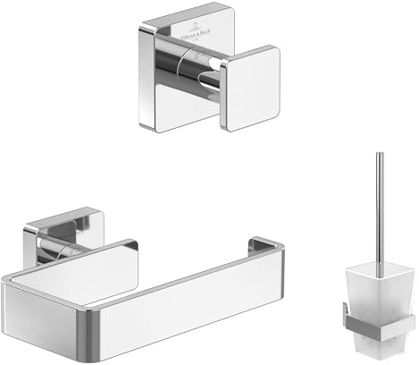 Villeroy & Boch Elements Striking Accessoire-Set (3 in 1), eckig – Chrom | Set bestehend aus Handtuchhaken, Toilettenpapierhalter ohne Deckel, Toilettenbürstengarnitur