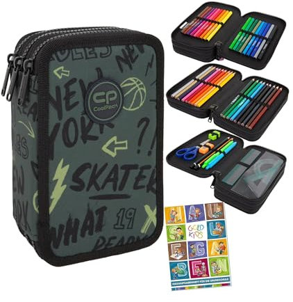 Goldkids - Federmäppchen 3 Fächer - Mäppchen für Mädchen und Jungen - Federmappe 3-Fach Federtasche Gefüllte Schüleretui Schulmäppchen und Hausaufgabenheft - Skate Motiv