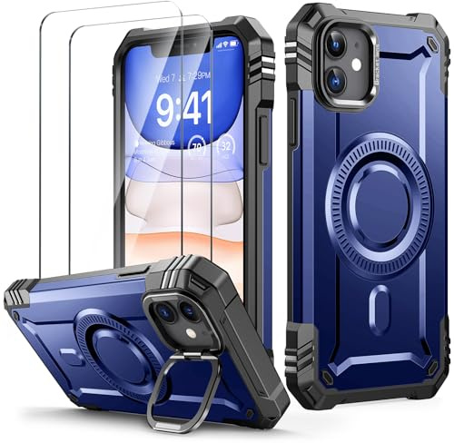 Lanhiem Coque pour iPhone 11/XR, pour MagSafe, Magnétique Antichoc, Bleu | avec 2 Verre Trempé, Support Anneau pour Caméra Renforcée Housse, Étui de Protection pour iPhone 11/XR Case