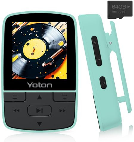 YOTON MP3-Player mit Bluetooth 5.2, 64 GB Speicher, kompakter HiFi-Musikplayer mit Sportclip, unabhängiger Lautstärkeregler, FM-Radio, inkl. Kopfhörer, Minzgrün