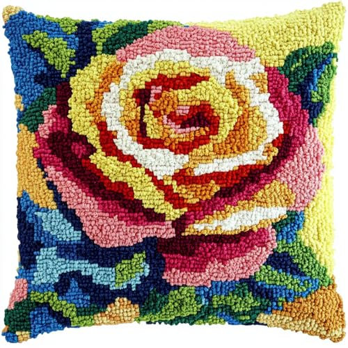 ANSIWEIGO Knüpfteppich Kissenbezug-Set 43x43cm DIY Latch Hook Kit für Erwachsene & Kinder,Kreatives Hobby gegen Stress,Bunte Rose