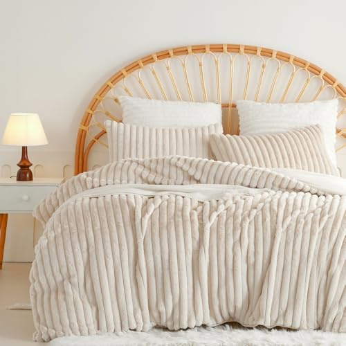 Nayoroom Winter Bettwäsche 135x200 4teilig Fleece Plüsch Bettbezug Beige | Winterbettwäsche,Warm,Flauschig,ÖKO-TEX,Cashmere Touch,Flanell,Gestreift,Bettwäsche-sets,2 Kissenbezüge 80x80,Reißverschluss