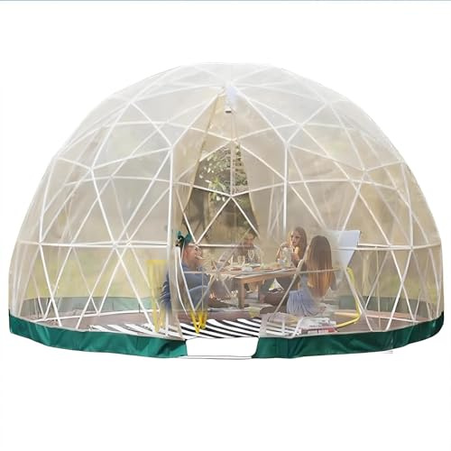 Domo geodésico transparente con vista panorámica de 360° para observar las estrellas, salón al aire libre e invernadero de plantas