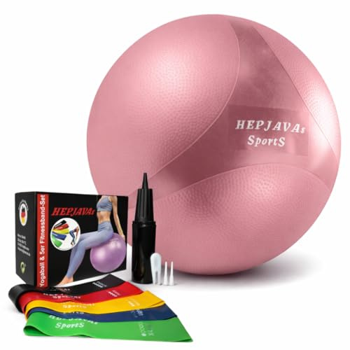HEPJAVAs Sports Yogaball & 5er Fitnessband-Set – Anti-Burst Gymnastikball 65 cm – inkl. 5 Widerstandsbänder, Pumpe & Zubehör – für Yoga, Pilates, Fitness & Büro (65cm / Champagner Rosa)