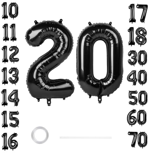 GoldRock XXL Luftballon 20 Geburtstag Deko Schwarz, 40 Zoll Ballon Deko 20 Geburtstag Frau Mann, 20 Luftballon Zahl, Luftballons 20. Geburtstage, Geburtstagsdeko 20 Jahre, Folienballon 20 für Jubiläum