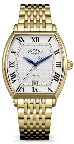 Rotary Herren-Armbanduhr, automatisch, vergoldet, weißes Zifferblatt, 50 m