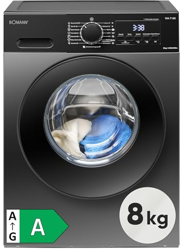 Bomann® Waschmaschine 8kg | 5 Jahre Motor-Garantie | Invertermotor-effizient, leise & langlebig | max. 1400 U/min | 15 Programme | Dampffunktion | LED-Display | Washing Machine | WA 7188 titan-schwarz