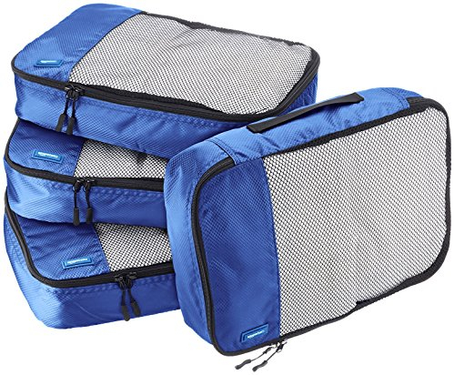 Amazon Essentials 4-teiliges Packwürfel-Reisezubehörset, Gepäckorganizer mit Doppelreißverschluss, Netzoberseite, 100% Polyester, mittelgroß, blau (früher Amazon Basics)
