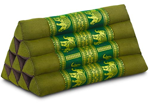 livasia Rückenstützkissen Thaiseide - 32x55x30cm - Dreieckskissen für Garten und Balkon, Keilkissen mit Kapok, handgefertigt, Meditationskissen (Grün/Elefanten Seide)