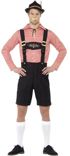 Smiffys Beer Festival Costume for Men Red Check Shirt with Black Lederhosen and Hat, Adult Oktoberfest German Beer Festival Fancy Dress Outfit Medium