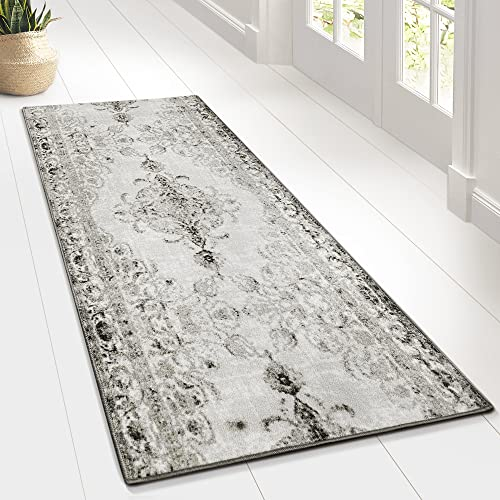 casa pura Teppichläufer im Vintage Look - brilliante Farben - hochwertige Meterware, gekettelt - Kurzflor Teppich Läufer - Küchenläufer, Flurläufer (Grau, 80x250 cm)