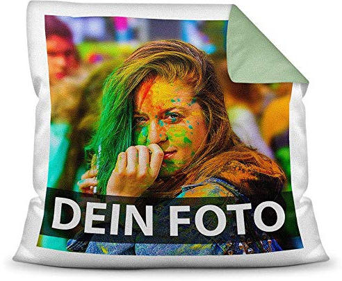 Tassendruck Foto-Kissen Selbst gestalten (40 x 40 cm) - mit Foto individuell Bedruckt/Rückseite Grün/Personalisierte Geschenk-Idee/Deko-Kissen/Kopf-Kissen inkl. Füllung