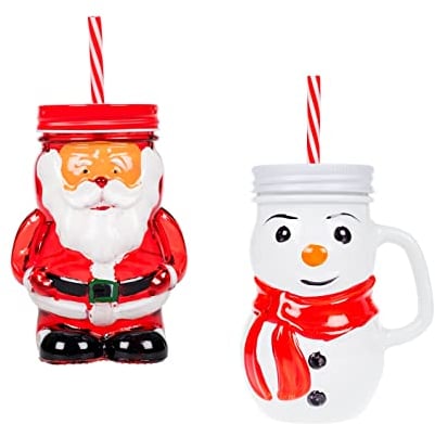 Invero Set of 2 Christmas Santa and Snowman Character Shaped Glass Jar with Screw Top Lid and Candy-Striped Straw 470ml - Fun Drinking Cup for Children on Festive Times
