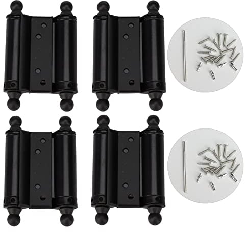 LGEGE 4Pcs 3 inch Double Action Spring Hinge Set for Cafe Swing Door Cowboy Self Closing Door Black Cold Rolled Steel Auto Close Door Hinges with Screws, Pins and Rod for Installation