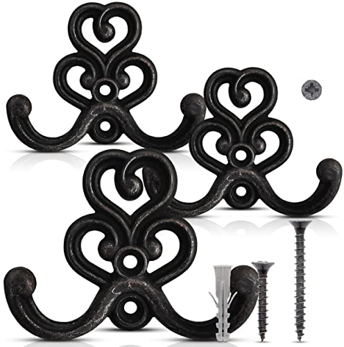 UTiLE CB 3 Stück Garderobenhaken Vintage Kleiderhaken Schwarz Wandhaken [Klimaneutral] Stabile Kleiderhaken Wand inkl. 12x Schrauben und 6x Dübel Retro Shabby Chick Landhaus Stil