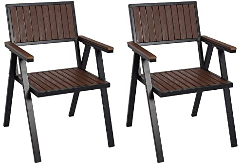Mendler 2er-Set Gartenstuhl HWC-J95, Balkonstuhl Stuhl, Outdoor-Beschichtung, Aluminium Holzoptik - Gestell schwarz, Dunkelbraun