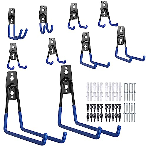 VORXEON 10PCS Wandhaken Schwerlast Garage Haken Garagenhaken Gerätehaken Doppelhaken Karbonstahl Zur Organisation Für Leiter Stuhl Schlauch Fahrrädern Elektrowerkzeugen Sperrigen Blau