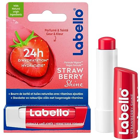LABELLO Strawberry Shine (1 x 5,5 ML), Baume à lèvres enrichi en huiles Naturelles et vitamines C & E, Soin des lèvres Hydratation Longue durée Pendant 24H