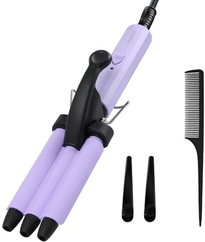 3 Barrels Mini Hair Waver for Short & Medium Hair, 13MM Curling Iron Curling Wand, 0.45lb Lightweight, Mini Size Hair Curler, Travel Friendly-Purple