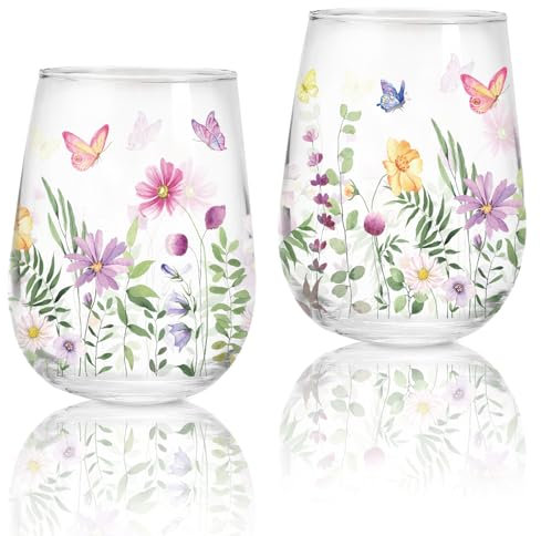 Whaline 2Pcs Spring Stemless Wine Glasses 17oz Watercolor Floral Butterfly Drinking Glasses Wild Flower Tumbler Cups for Party Supplies Gifts