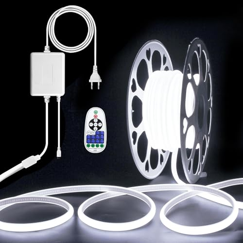 ALITOVE 10M COB LED Streifen 230V Direktanschluss Dimmbar Kaltweiß 6000K LED Lichtband Aussenbereich Wasserdicht für Schlafzimmer Garten Terrasse Pool DIY-Beleuchtung und Heimdekoration