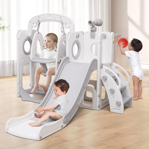 Sinbide Toboggan pour Enfant 5 en 1 avec Balançoire et Panier de Basketball Aire de Jeux d'extérieur et l'intérieur pour Enfant Toboggan Bebe avec Télescope Cadeau Noël Anniversaire pour Les Enfants