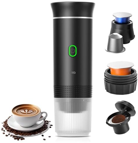 Aischens Cafetera Espresso Portátil Mini,Cafetera de Viaje Eléctrica con Calentamiento para Coche y USB-C,Compatible con Cápsulas NS y Café Molido,Máquina de Café Pequeña para Acampada y Senderismo
