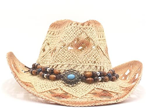Adult Men Women Summer Casual Beach Hat, Bead Decor Top Hollow Out Straw Cowgirl Cowboy Hat for Vacation (03Beige, ONE Size)