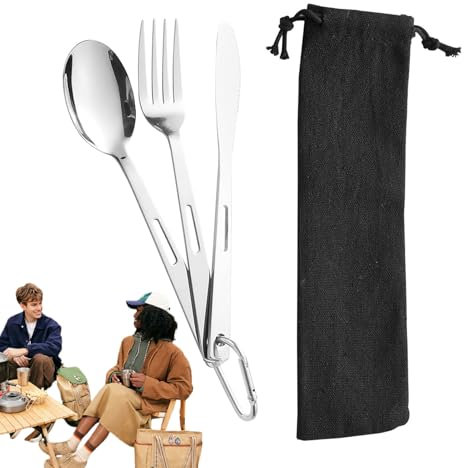 Colección De Utensilios De Campamento - Juego De Cubiertos Portátiles, Kit De Cubiertos De Viaje | Horquilla Y Cuchara De Acero Inoxidable, Cubiertos Reutilizables Para Senderismo, Picnic, Comedor Al
