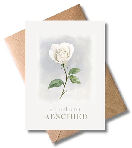 WBdesignz – Trauerkarte „Wir nehmen Abschied“ mit Umschlag – Kondolenzkarte mit weißer Rose für stille Anteilnahme (DIN A6)