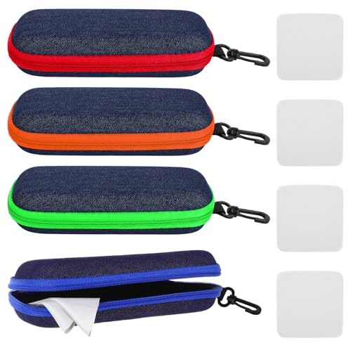 4 Stück EVA Tragbares Brillenetui Hardcase, Brillen Etui mit Karabiner und Reißverschluss, Brillenbox für Damen Herren, Glasses Case mit Mikrofasertuch für Sonnenbrillen, Fahrradbrille, Schutzbrille
