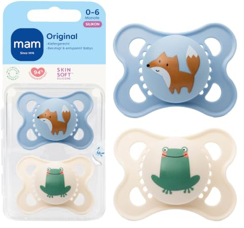 MAM Original Schnuller, 0-6 Monate, Fuchs/Frosch, 2 Stück | Für Neugeborene, Stillfreundlicher Babyschnuller, Zahnfreundlich, SkinSoft Silikon, Mit Sterilisierbox
