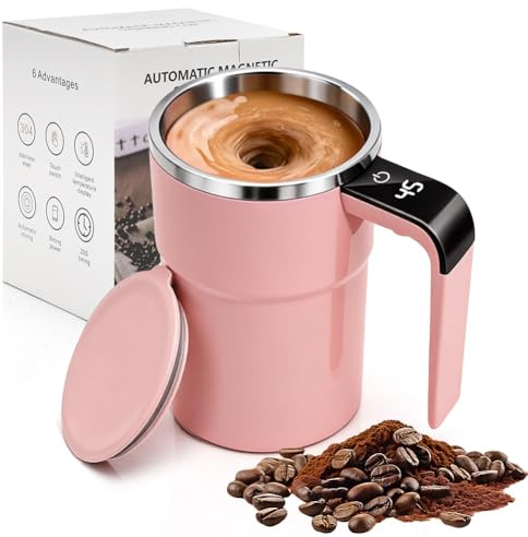 LOMUG Electric Automatic Self-Stirring Coffee Mug, 380 ml, Self-Stirring Coffee Cup, Thermal Mug with Temperature Display, Stainless Steel, Mixer Cup for Coffee, Milk, Rechargeable (Pink)