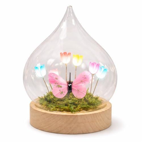 Kremers Schatzkiste LED Deko Tropfen Bunt Blumen Schmetterling Glaskugel mit Holzsockel & Timer 17cm - batteriebetriebene Frühlingsdeko für Tisch, Fensterbank & Geschenk