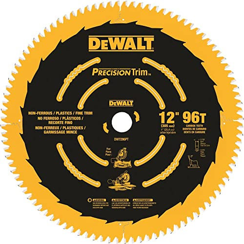 DEWALT 12-Inch Miter Saw Blade, Precision Trim, ATB, Crosscutting, 1-Inch Arbor, 96 Tooth (DW7296PT)