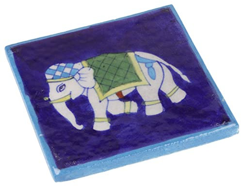 GURU SHOP Handbemalte Indische Keramikfliese, Vintage Keramik Untersetzer - Motiv 17, Blau, 10x10x1 cm, Untersetzer, Tabletts