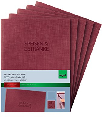 SIGEL SM113 Speisekarten-Mappen mit Gummi-Bindung für A5, 5er Pack, bordeauxrot mit edler Leinenstruktur, strapazierfähig und leicht abwischbar