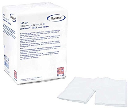 100x MaiMed Mull-Schlitzkompressen, Wundkompressen, Kompressen, 100% Baumwolle, unsteril, 10x10 cm, 12-fach