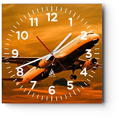 ARTTOR Moderne Glasuhr 30x30cm Quadrat Wanduhr Reisen Flugzeuge - 0368 | Passagier Flugzeug Flügel Glas Analog Wanduhr Lautlos Wanddekoration Wohnzimmer Küche Wanddeko Küchenuhr Geräuschlos ARTTOR