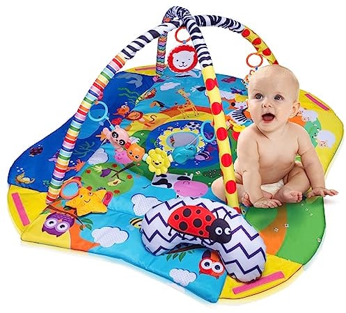 Lionelo Anika Spielmatte für Babys mit Laufstallfunktion, 2 Bögen Spielzeuge im Set ab Geburt nutzbar EN 71 (Blau-Gelb)