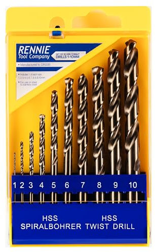 Rennie Tool Company 1-10mm HSS Cobalt Jobber Drill Bit Set With Storage Case - Drill Bits Set Of 10 Pieces For Stainless Steel, Aluminium, Hards Metals, Cast Iron, Plastic & Wood