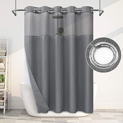 SUMGAR Hookless Shower Curtain Grey with Snap-in Liner for Wet Room Waffle Fabric Heavy Duty Bathroom Curtains Hotel Luxury Washable Waterproof Shower Curtain Set 180x188 cm