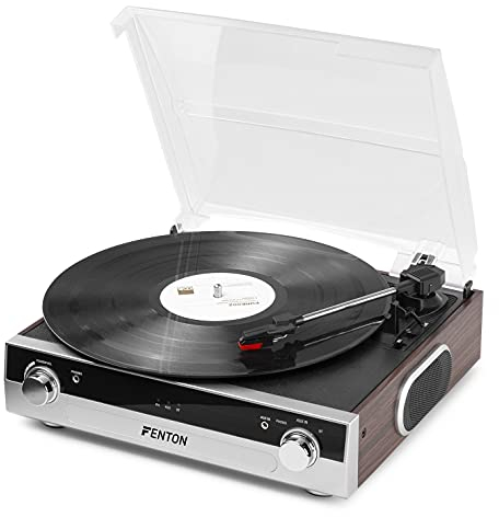 Fenton RP102A - Giradischi Bluetooth in alluminio/legno, ruota disco con altoparlanti integrati, adatto per dischi da 33, 45 e 78 giri, funzione di registrazione mp3 tramite USB