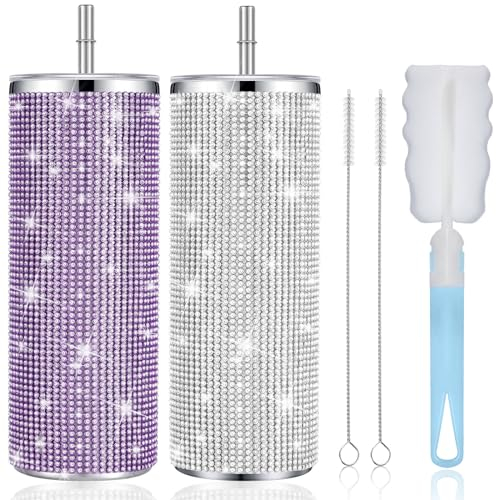 Tessco Bling Tumbler 590 ml Strass Tasse Weihnachten Geschenk Tasse Glitzer Diamant Flasche mit Deckel und Strohhalm Edelstahl Bling Thermo-Wasserflasche für Frauen (Silber, Violett)