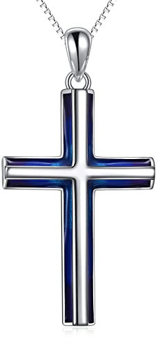 YAFEINI Kreuz Kette Sterling Silber Stammbaum des Lebens Religiöses Kreuz Anhänger Halskette Schmuck Geschenke für Damen Mutter Tochter Familienmitglied (Blaue Kreuzkette)