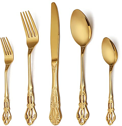 Besteckset Royal Gold 20-teilig, Gold Besteck Set 4 Personen aus Edelstahl, Luxus Royal Besteck Messer und Gabel Set Hochglanzpoliert spülmaschinenfest für Hochzeitsfest Bankett Geschenk
