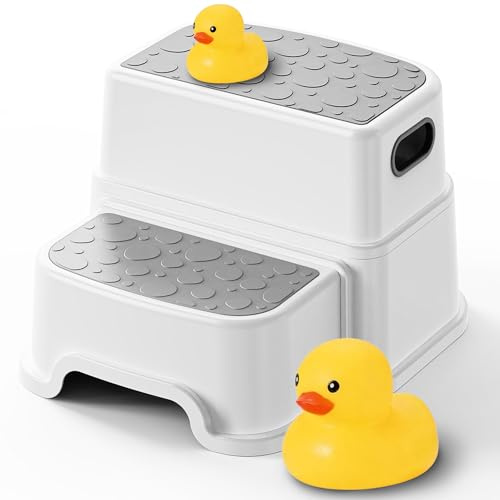 UNCLE WU Toddler Step Stool for Potty Training, Bathroom Sink & Toilet - 2 Step Kids Poop Stool, Non-Slip Step Stool with Handles, Dual Height Stepping Stool for Kitchen Counter (Include 2 Ducks)