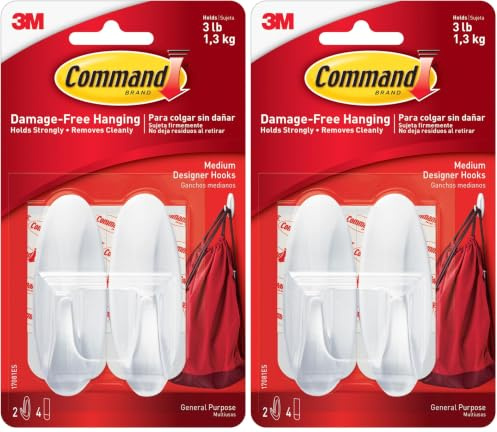 Command Medium Designer Hook, Pack of 4 Hooks and 4 Adhesive Strips, White - Damage Free Hanging - Holds up to 1.3kg