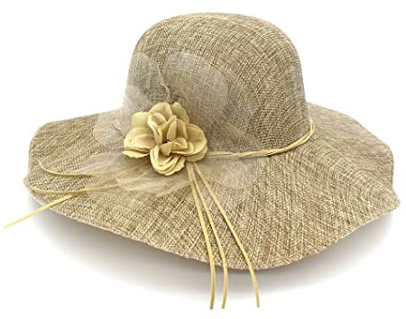 Disimlarl Sonnenhut für Damen, aus Leinen, floral, breite Krempe, für Strand, Reisen, faltbar, solide Hüte